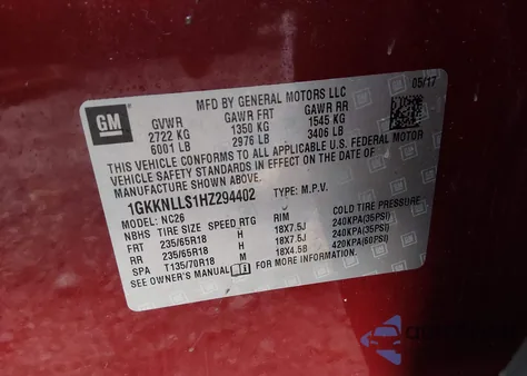 2017 GMC Acadia Sle-2 z USA, uszkodzony, nr VIN 1GKKNLLS1HZ294402